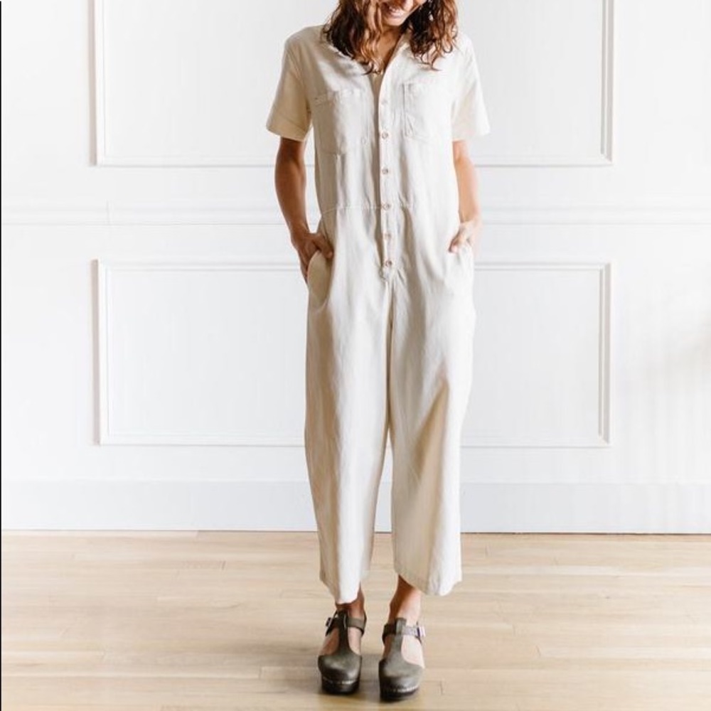 Cream Button Up Coverall Jumpsuit
